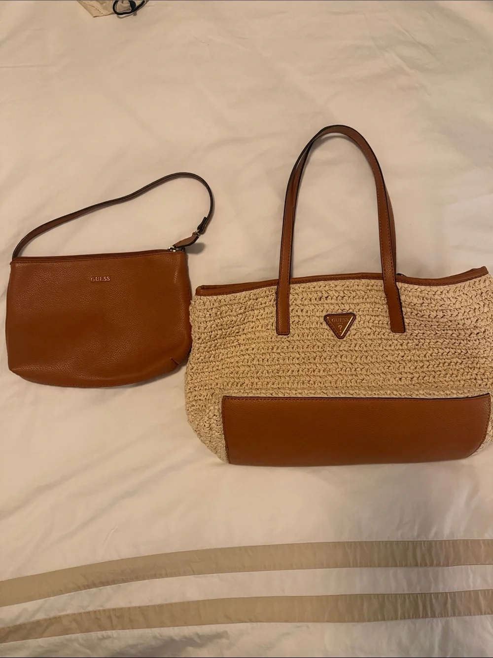 GUESS Vikky 2 in 1 Brown Leather-Trim Straw Tote with Matching Brown Pouch